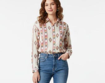 Pennylane Vintage Off-White Pink Geometric Southwest Button Down Shirt - Large