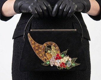 Caron of Houston Vintage Black Bejeweled Cornucopia Clutch