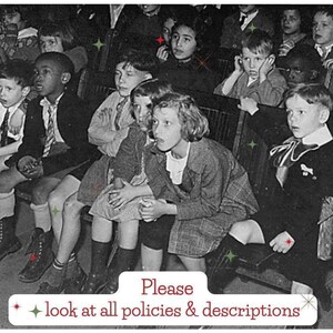 May include: Black and white photograph of a group of children seated on a wooden bench, likely in an auditorium. The children are dressed in formal attire, and the text at the bottom reads "Please look at all policies & descriptions."