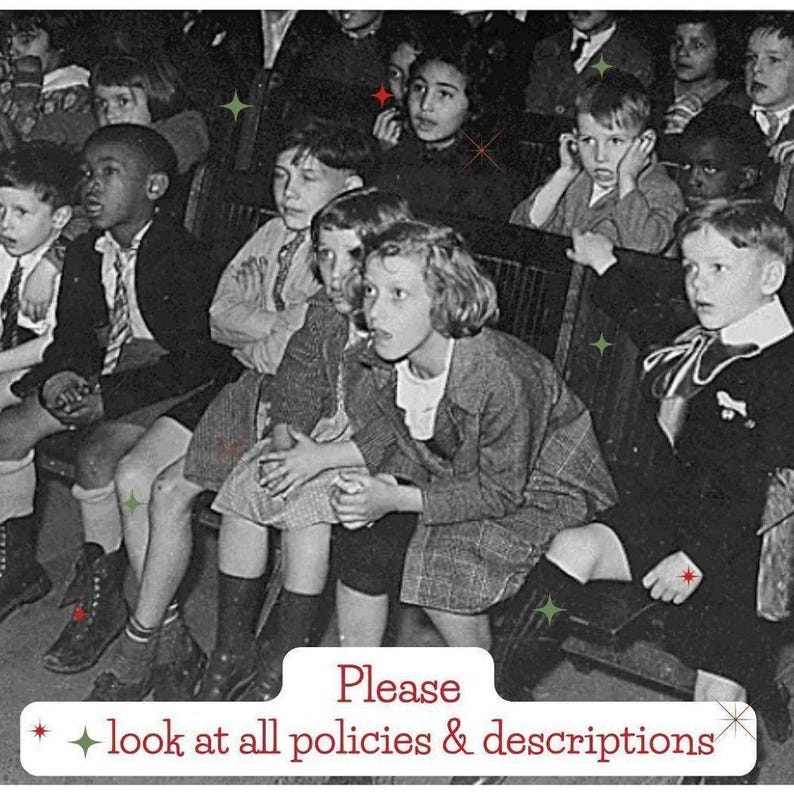 May include: Black and white photograph of a group of children seated on a wooden bench, likely in an auditorium. The children are dressed in formal attire, and the text at the bottom reads "Please look at all policies & descriptions."