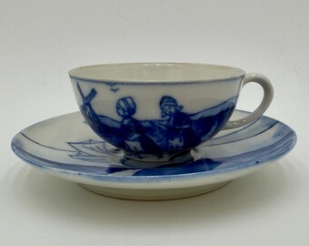 Antique Early 20th Century Unique Hand Painted Delft Porcelain Teacup and Saucer Made in Austria