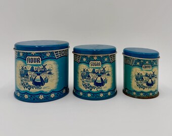 Vintage 1940's Wolverine Blue and White Delft Tin Kitchen Canister Set of 3