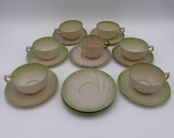 Antique Irish Belleek Green Trim Shell Porcelain Teacup and Saucers *Sold Individually*