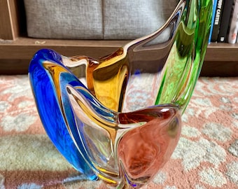 Rare Vintage 1950's Czech Art Glass Thick Wavy Rainbow Ribbon Vase
