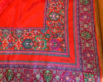 Vintage Oscar De La Renta Silk Scarf: Pink Red Floral Gold Embossed