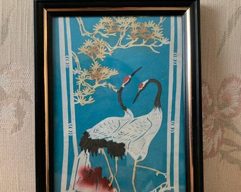 Vintage Rare Original Japanese Kirie Mixed Media Hand Cut and Painted Paper Crane Framed Art