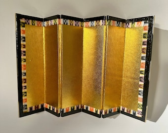 Vintage Japanese Miniature Decorative Byobu Gold Paper Folding Screen Six Panel Divider