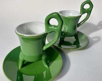 Vintage Rare LivingQuarters Whimsical Green Art Deco Espresso Mug Set