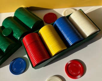 Vintage 1960's Poker Chip Set with Marbled Green Case Holder