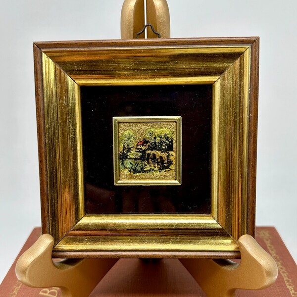 Vintage Framed Original Hand Painted Mini Landscape Painting on 23K Gold Leaf Made in Italy