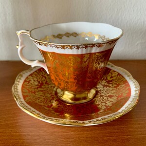Vintage Royal Albert Bone China Orange and Gold Porcelain Teacup and Saucer