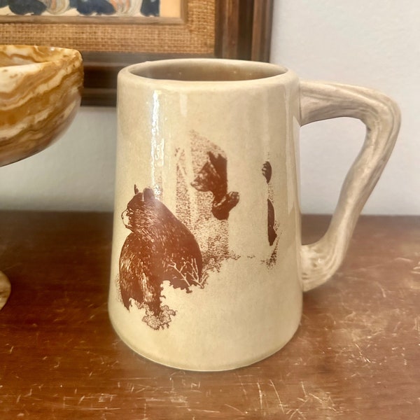 Rare Vintage Large California Studio Pottery Brown Bear Mug with Unique Branch Handle