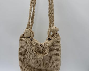 Vintage geflochtene elfenbeinfarbene Häkel-Schultertasche aus den 1990er Jahren