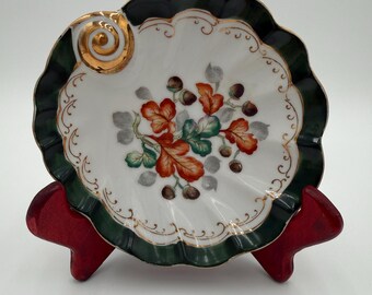 Vintage Ucagco China Green Floral Leaf Gold Shell Dish Made in Occupied Japan
