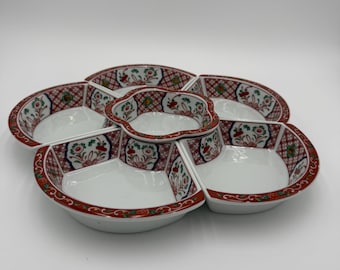 Vintage Imari Lazy Susan Red Floral Six Piece Porcelain Serving Bowl Set Made in Japan