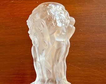 Vintage 1930's Art Deco Bohemia Glass Naked Women Grape Harvest Frosted Clear Glass Vase