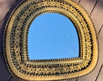 Rare Vintage 1970's Spanish Wicker and Rattan Braided Emmanuelle Peacock Mirror