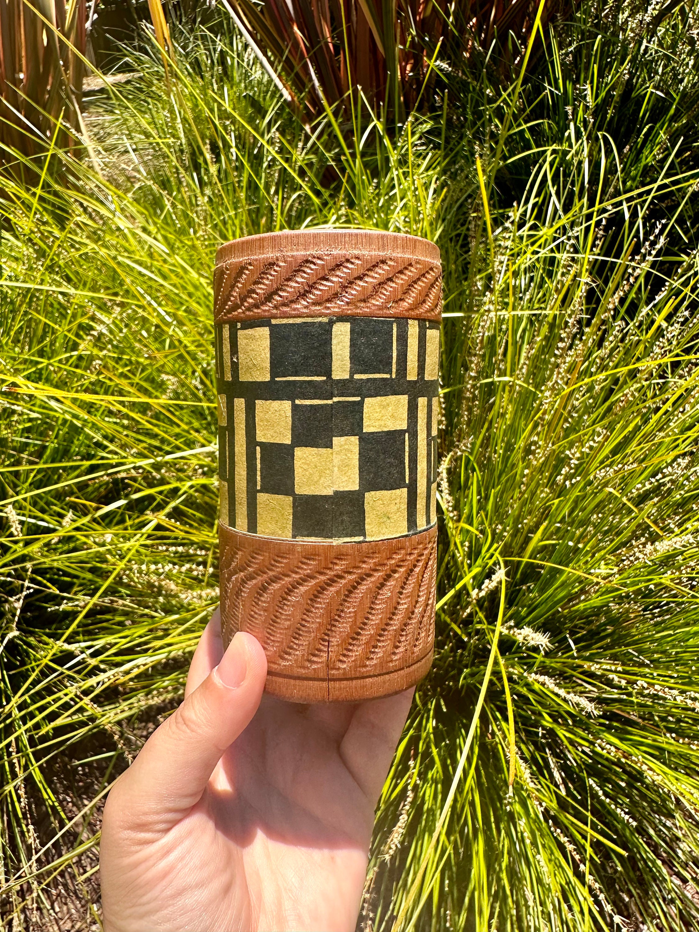 Vintage Handcrafted Textured Brown Wood Black and Yellow Checkered Pencil Cup or Vase