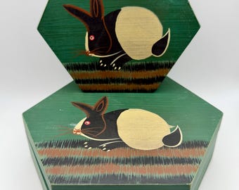Vintage Hand Painted Folk Art Green Bunny Rabbit Hexagon Wood Nesting Box Pair