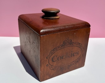 Vintage Hand Carved Square Wood Cookie Jar
