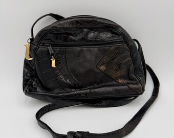 Vintage 1980's Sharif Embossed Patchwork Black Crocodile Leather Suede Shoulder Purse