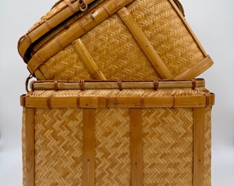 Vintage Mid Century Handcrafted Asian Woven Rattan Wicker Storage Nesting Box Pair