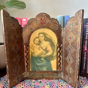 Vintage Italian Florentine Gold Gilt Three Folding Triptych Icon Madonna and Child Made in Italy