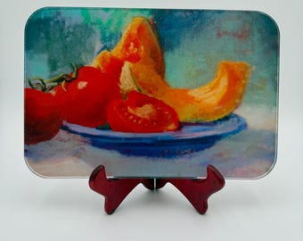 Vintage Colorful Fruit Art Glass Cutting Cheese Board