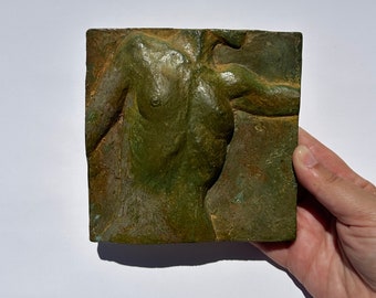 Vintage Classical Female Torso Three Dimensional Faux-Bronze Finish Stone Square Plaque