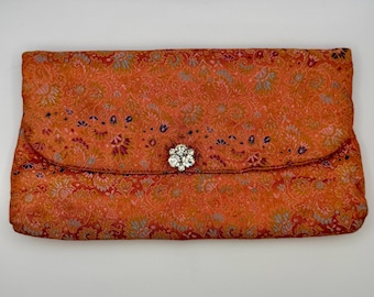 Vintage Hand Woven Orange Floral Japanese Silk Brocade Evening Clutch