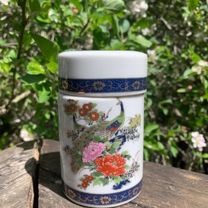 Vintage Hand Painted Porcelain Peacock Jar