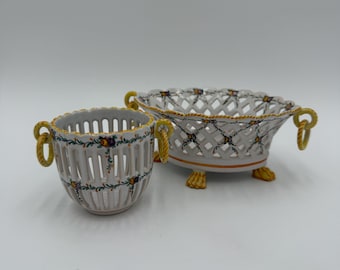 Rare Vintage French Faience Émile Tessier Miniature Openwork Earthenware Basket