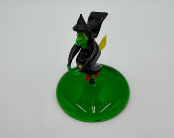 Vintage Hand Blown Glass Flying Green Witch on Broomstick Halloween Figurine