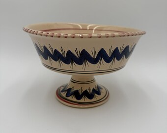 Vintage Italian Hand Painted Pink and Blue Zig Zag Ceramic Pedestal Fruit Bowl
