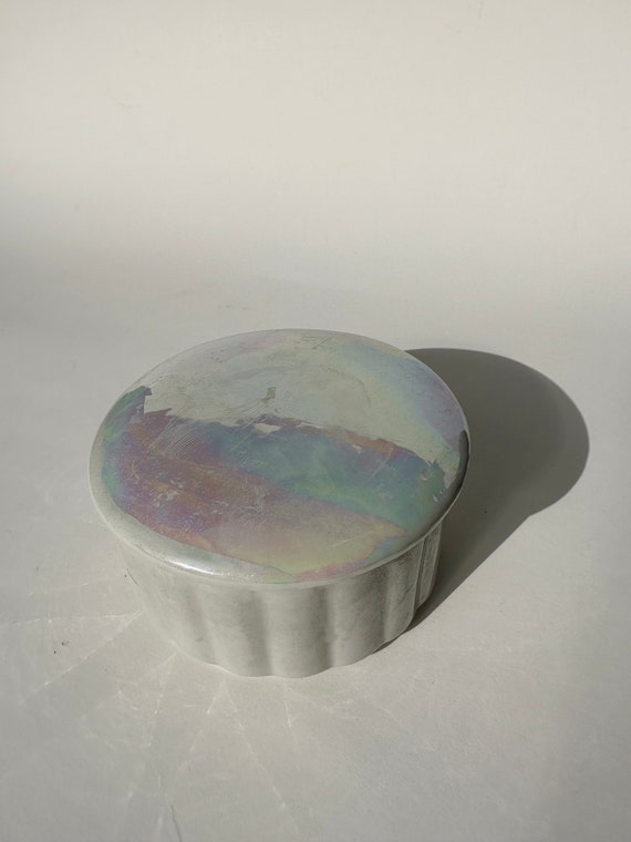 Vintage Iridescent Pastel Rainbow Porcelain Trinket Jewelry Box