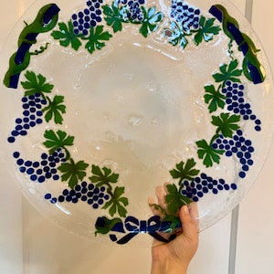 Vintage Rare Large Fused Clear Art Glass Grape Vine Platter
