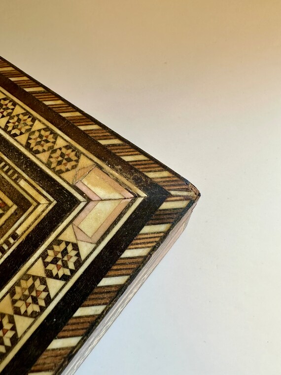 Vintage Geometric Brown Wood Inlay Marquetry Jewe… - image 7