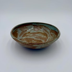 Vintage 1979 Signed Handmade Studio Pottery Brown and Mint Swirl Shallow Ceramic Bowl