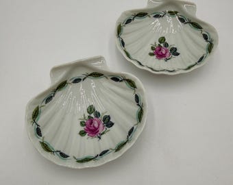 Vintage Limoges France Porcelain Pink Rose Ribbed Shell Trinket Dish Pair