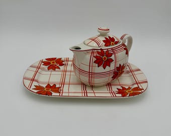 Rare Vintage Mid Century Japanese Kikisui Orange Plaid Floral Porcelain Teapot and Tray