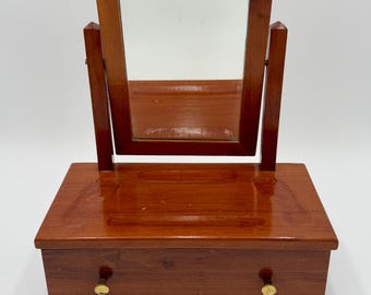 Vintage Folk Art Wooden Tabletop Vanity Stand Shaving Mirror with Drawer