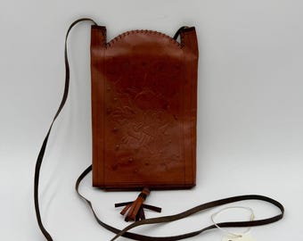 Vintage 1980's Signed Handmade Folk Art Brown Leather Wallet Pouch Purse with Strap