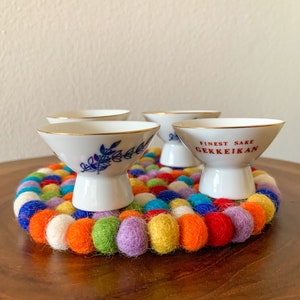 Vintage Porcelain Footed Sake Cups with Gold Rim