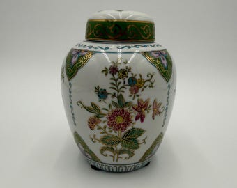 Vintage Art Nouveau Style Green Gold Floral Porcelain Ginger Jar
