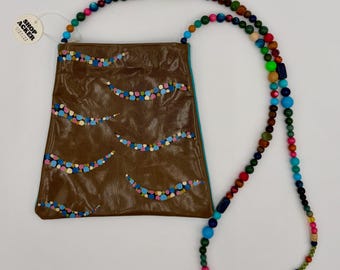 Rare Vintage Handcrafted Artisanal Leather and Suede Beaded Strap Shoulder Purse Made in Spain