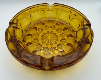 Vintage Mid Century Amber Glass Etched Round Ashtray