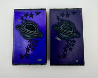 Vintage Mid Century Saturn Planetary Space Etched Metal Wood Mounted Printing Block Cliché