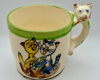 Vintage Mid Century Funky Meowing Cats Ceramic Kitty Handle Mug