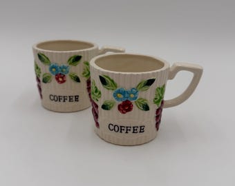 Vintage Hand Painted Porcelain Raised Floral 'Coffee' Cup Pair Made in Japan