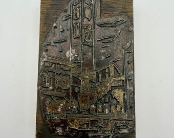Vintage Mid Century Cityscape Etched Metal Plate Wood Mounted Printing Block Cliché